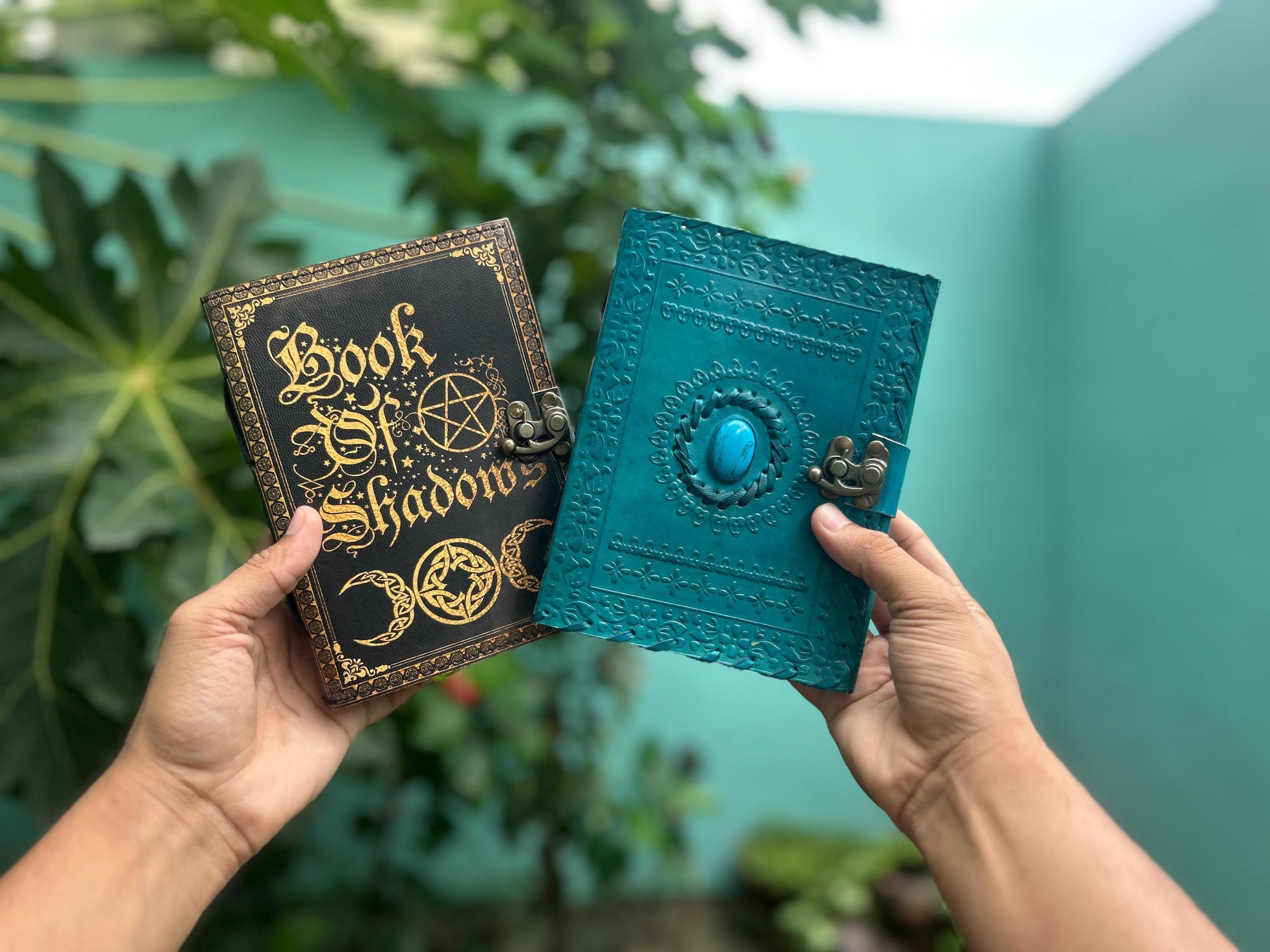 Set of 2 Leather Journals – Book of Shadows & One Stone (5×7 in)