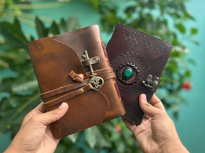 Set of 2 Leather Journals – Lock & Key and One Stone Brown (7×5 in)