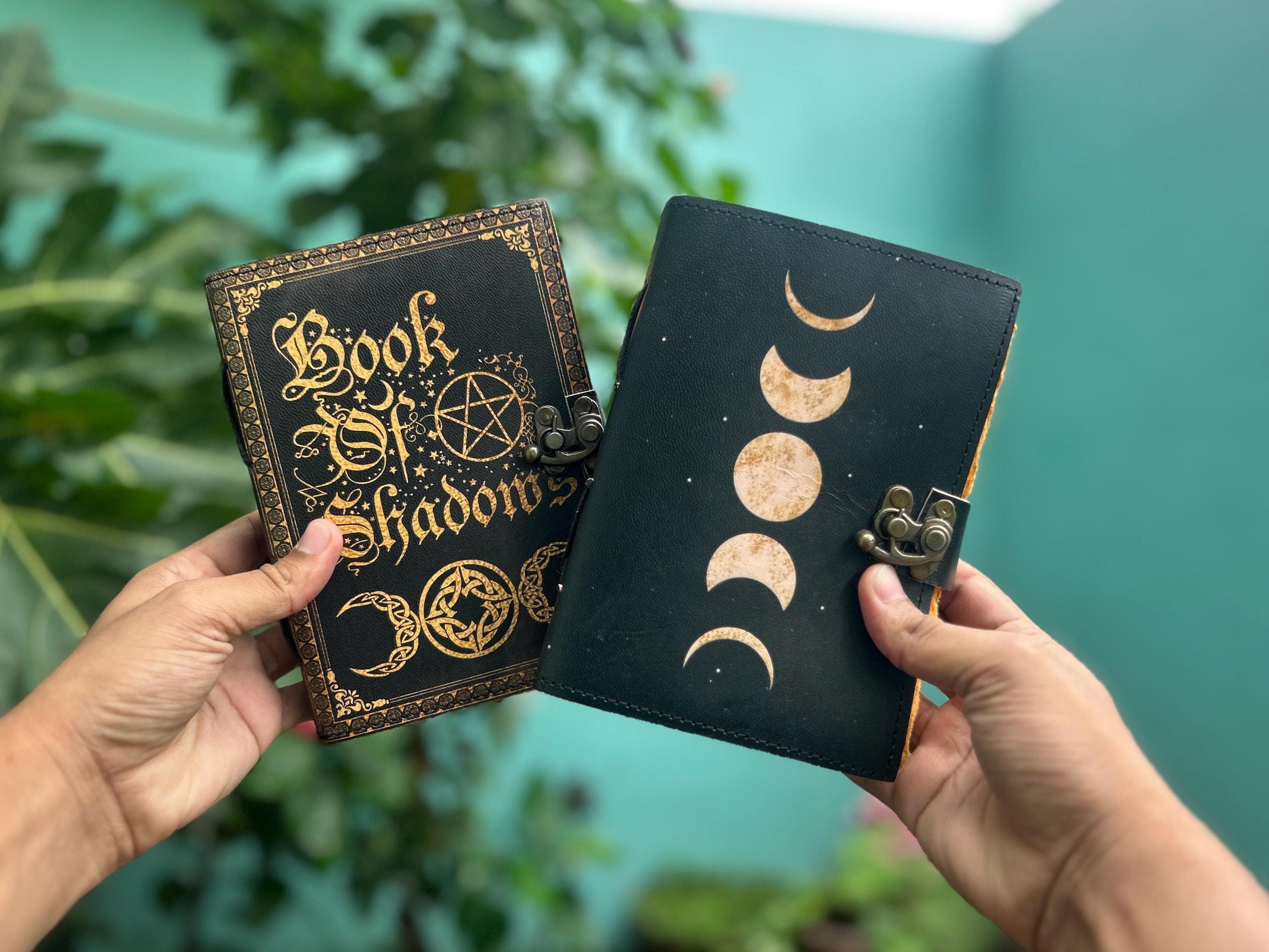 Set of 2 Leather Journals – Book of Shadows & Moon Pattern (5×7 in)