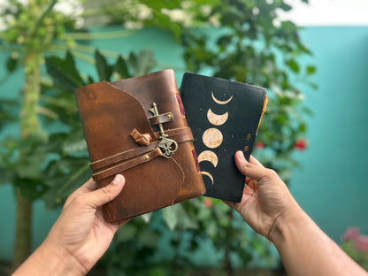 Set of 2 Leather Journals – Lock & Key and Moon Universe (7×5 in)