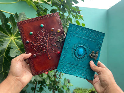 Set of 2 Leather Journals – 7 Stone Tree of Life (8×6 in) & One Stone Blue (5×7 in)