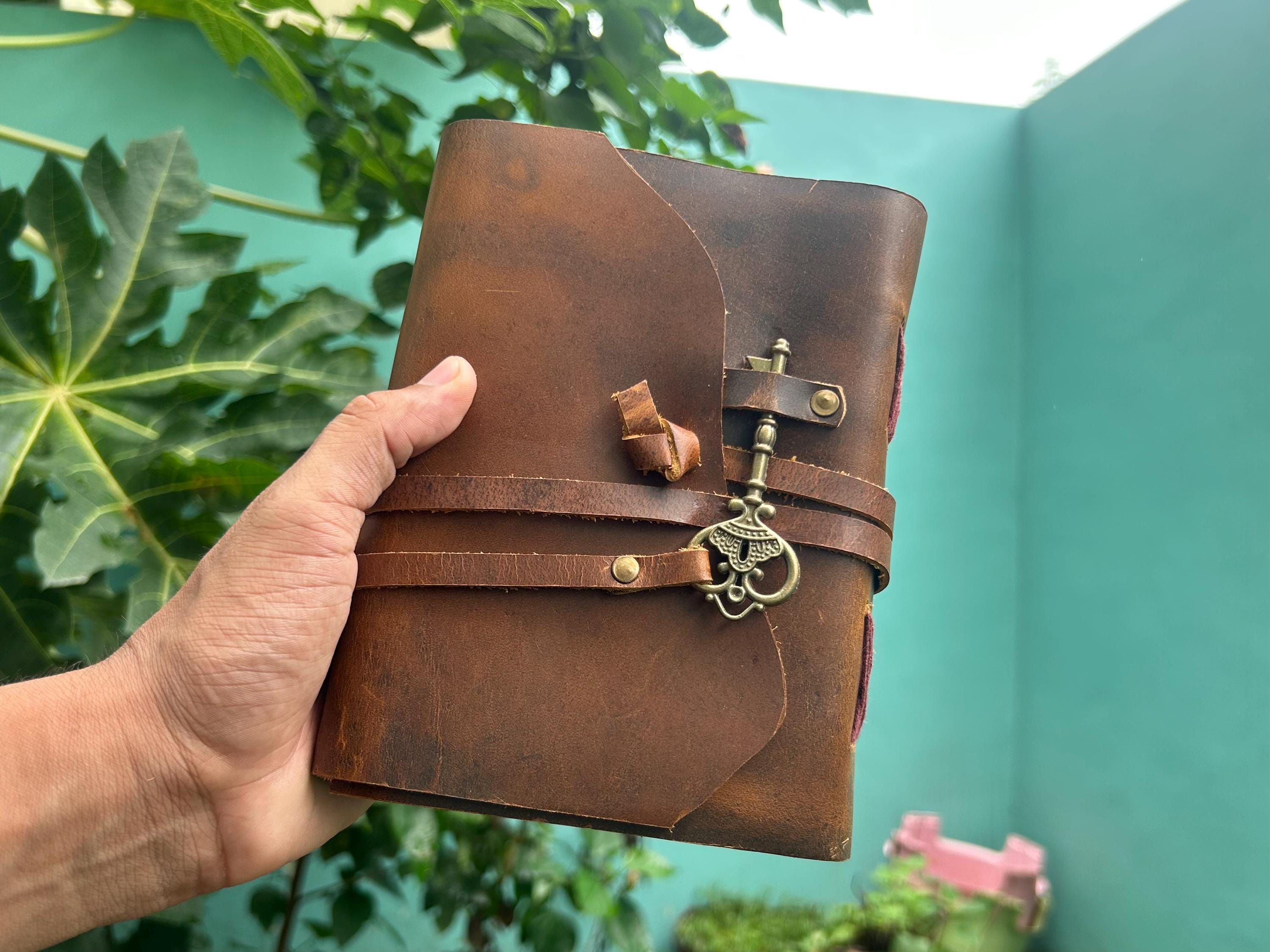 Set of 2 Leather Journals – Lock & Key and Moon Universe (7×5 in)