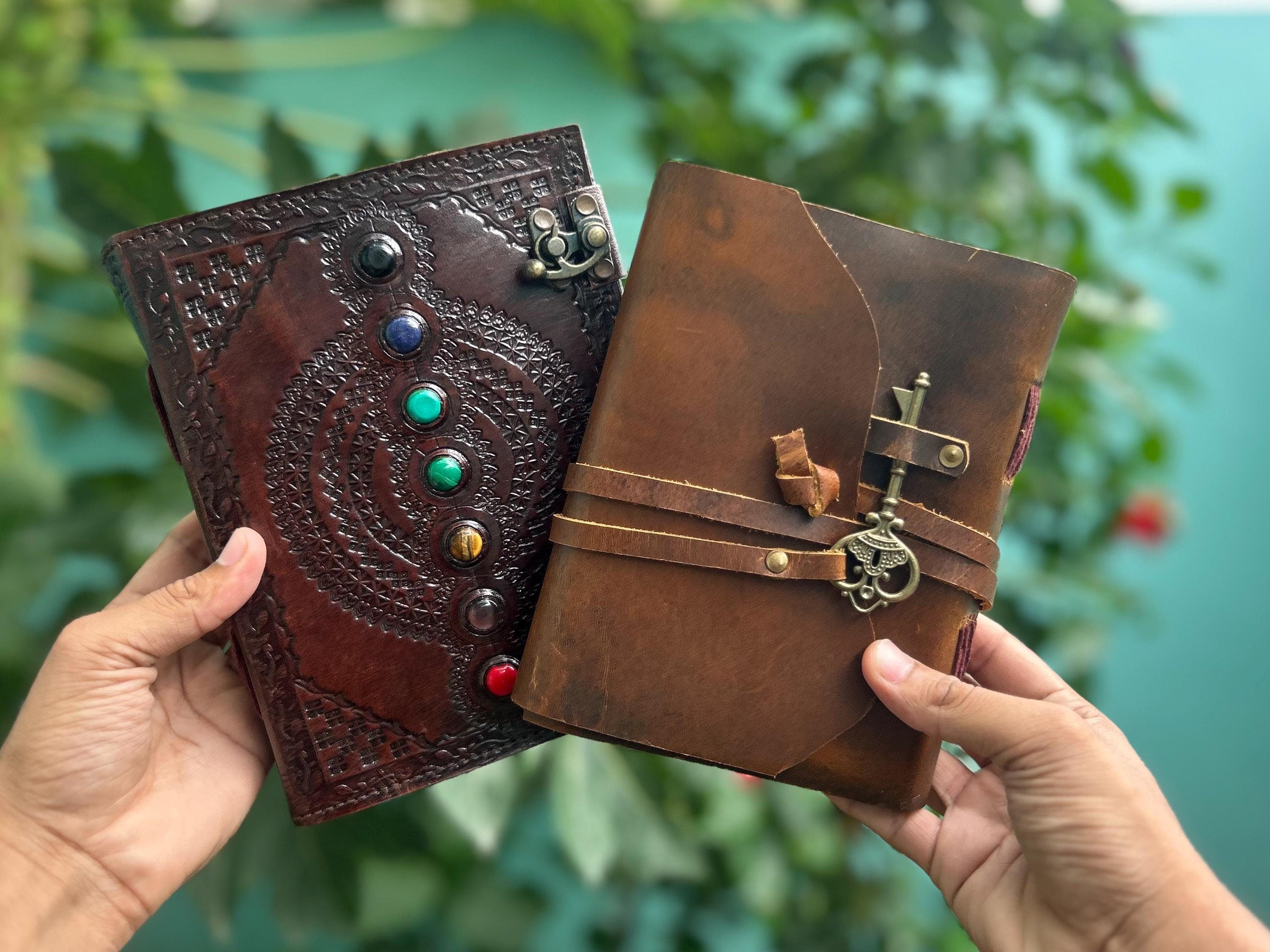 Set of 2 Leather Journals – Lock & Key and Brown Seven Stone (7×5 in)