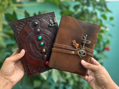 Set of 2 Leather Journals – Lock & Key and Brown Seven Stone (7×5 in)